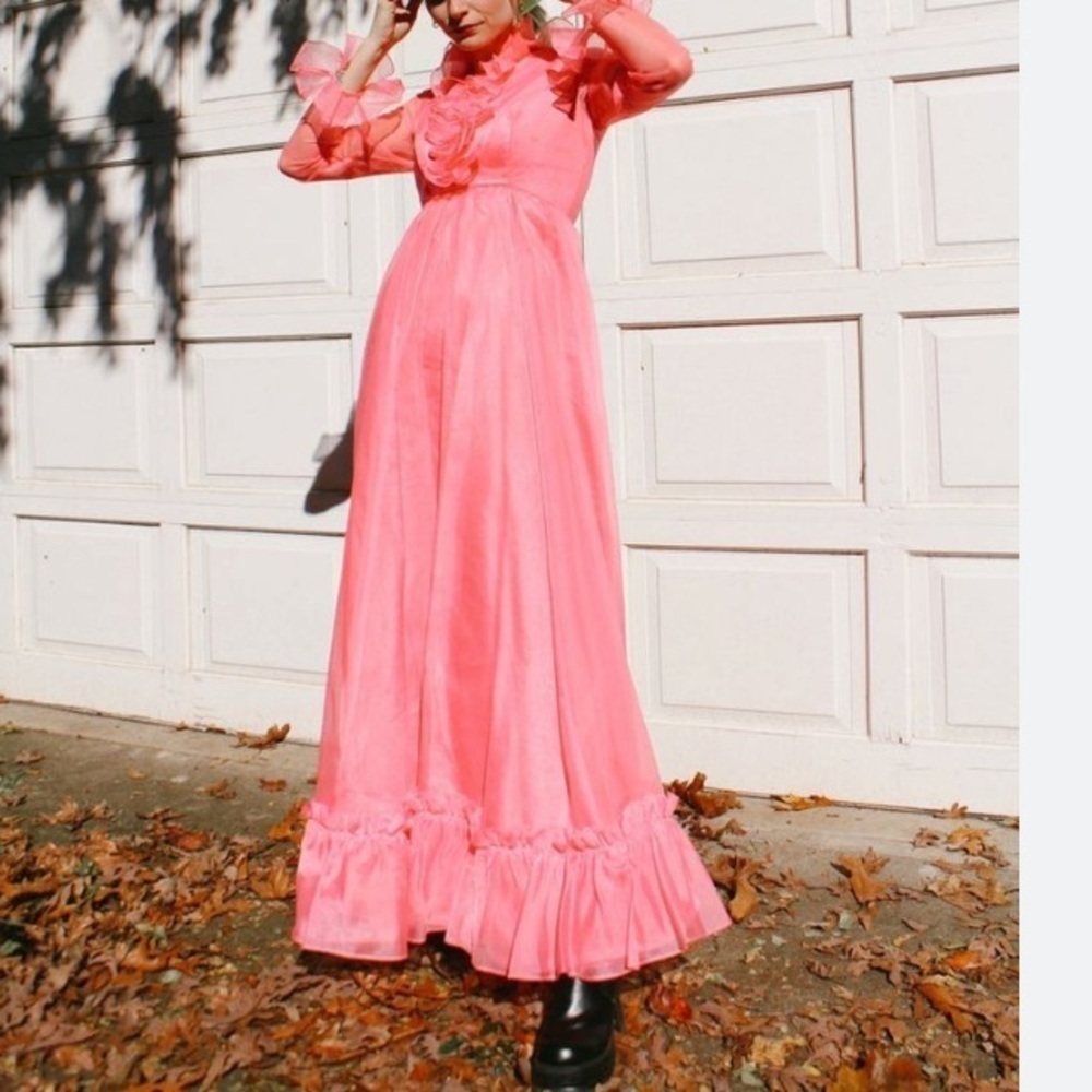EMMA DOMB vintage maxi dress formal gown ruffles lined bubblegum pink size small